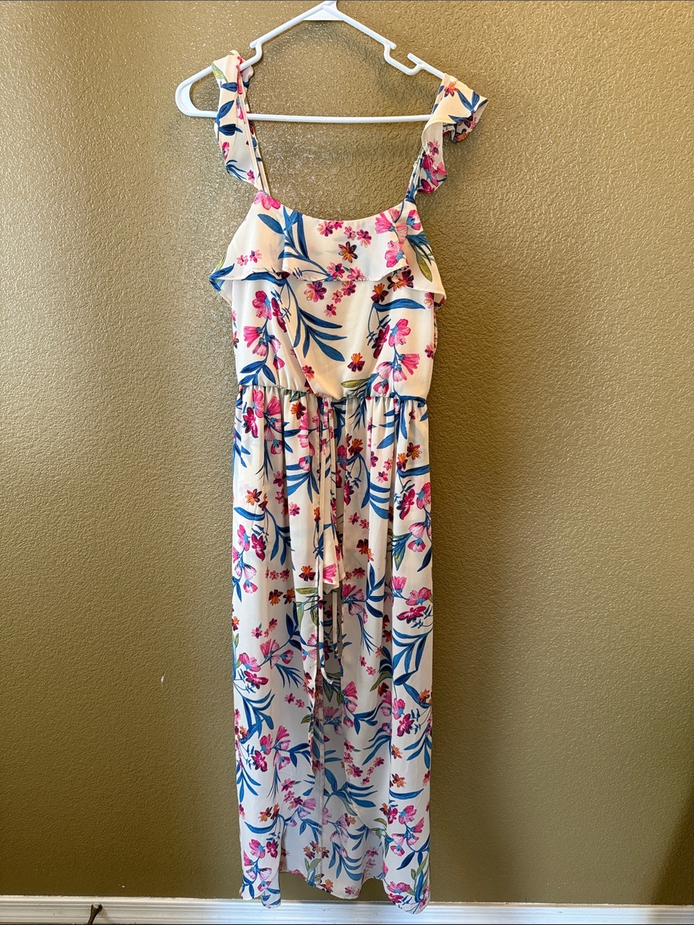 City Triangles White Romper with Pink & Blue Floral Print waterfall skirt